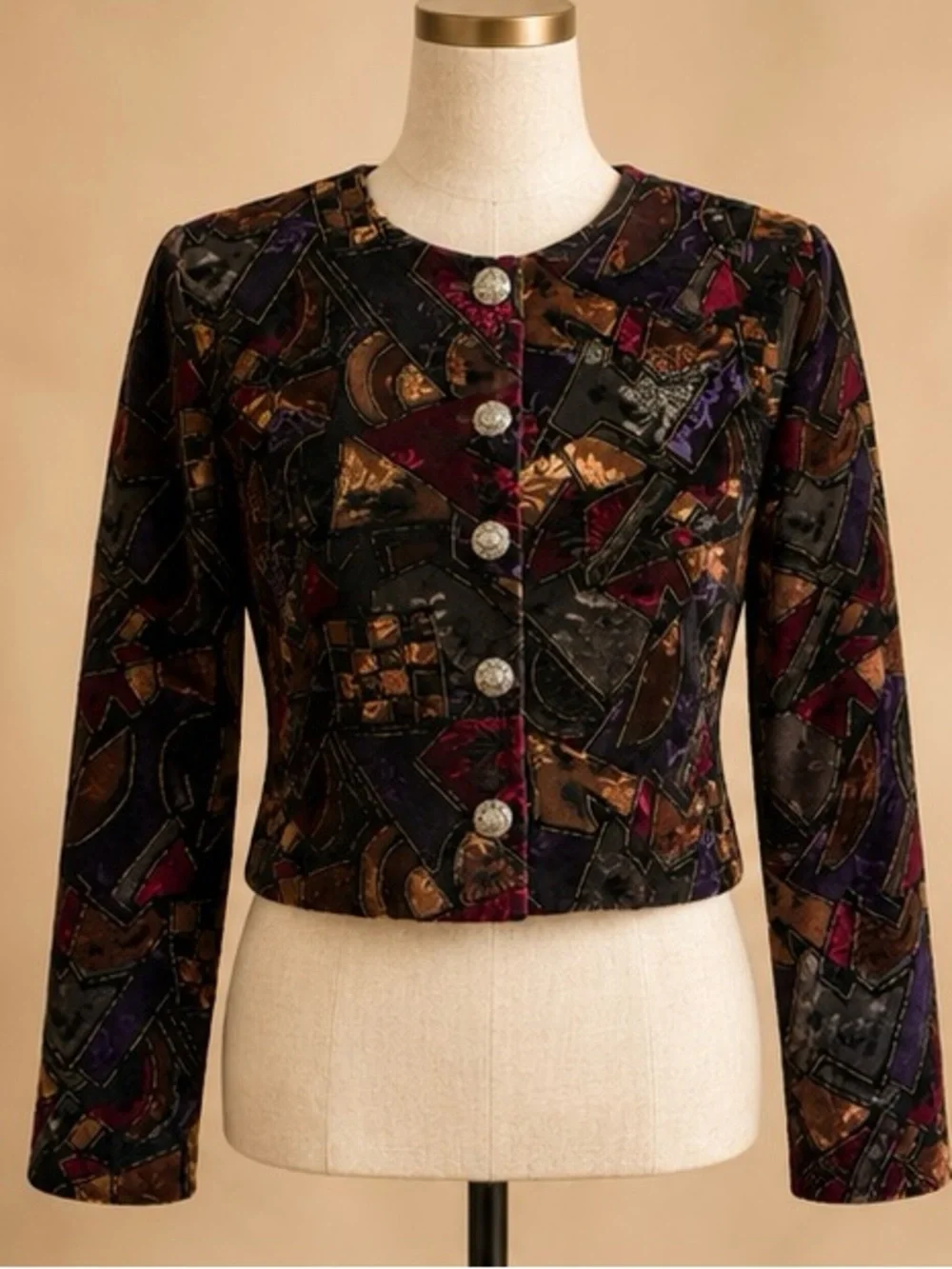 VTG Tres Paquette Velvet Cropped Blazer Abstract Multi Metallic Sz 10 Petite